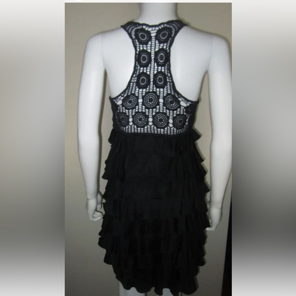 Holly Morgan black silk crochet tiered ruffle flirty boho brunch sun dress S - Picture 4 of 6